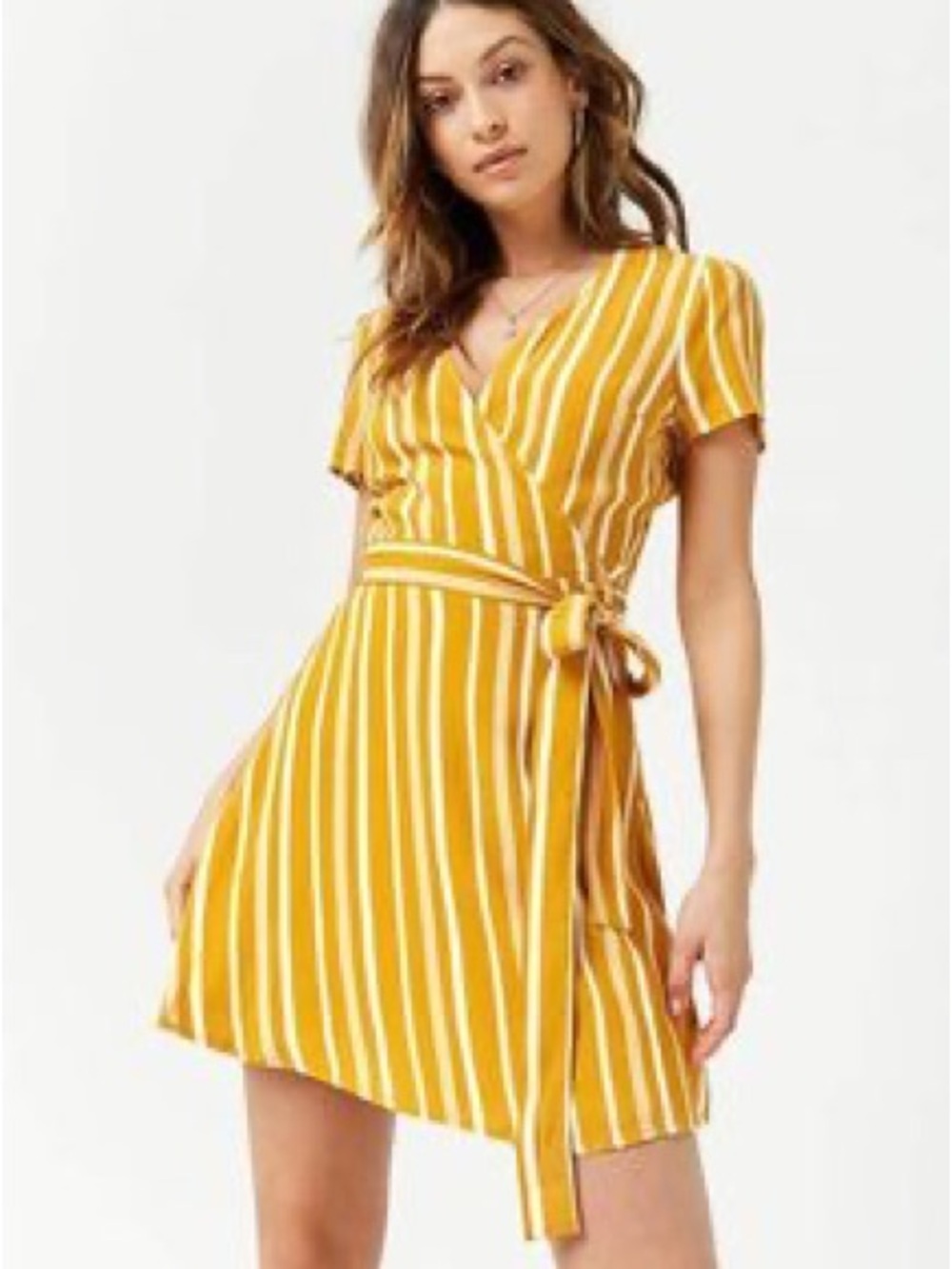 Forever 21 Mustard Yellow and White Striped Wrap Mini Dress